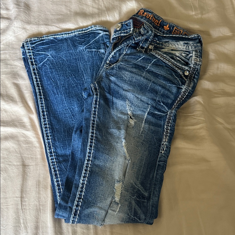 Rock Revival Women's Boot Cut Jeans in Distressed Dark Blue Wash